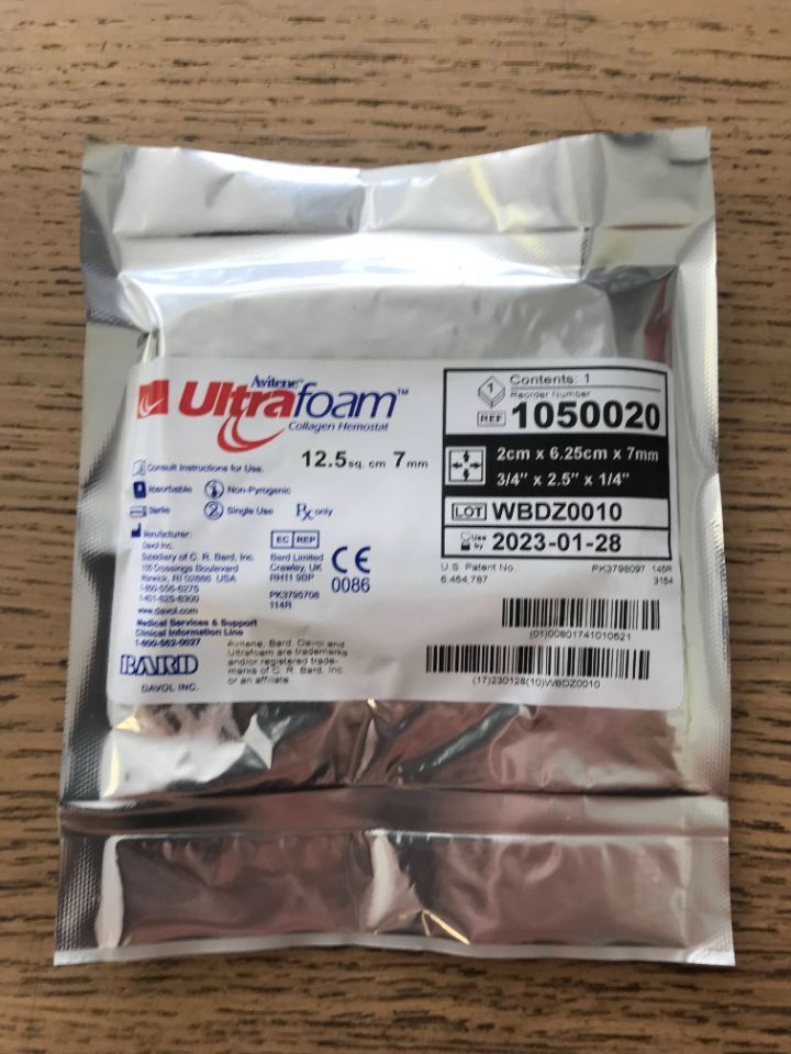 New BARD 1050020 Avitene UltraFoam Collagen Hemostat 12.5sq/cm, 7mm (X