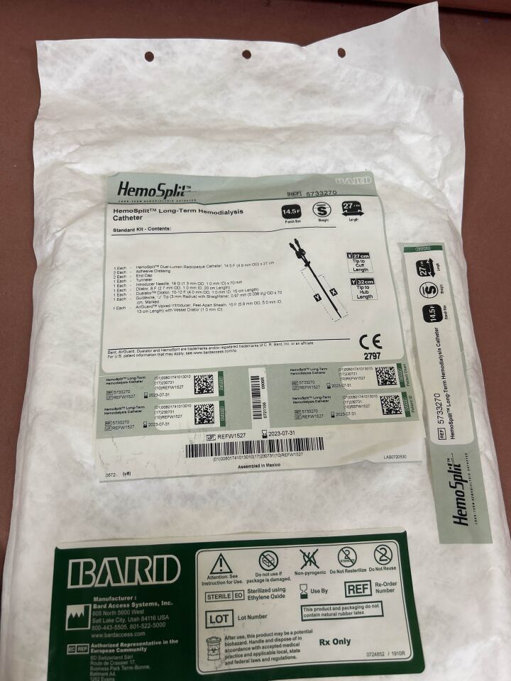 New BARD 5733270 HemoSplit Long-Term Hemodialysis Catheter, 14.5F