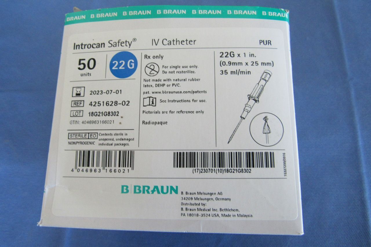 New BRAUN Box Of 50 Ref: 4251628-02 Introcan Safety IV Catheter, 22G X ...