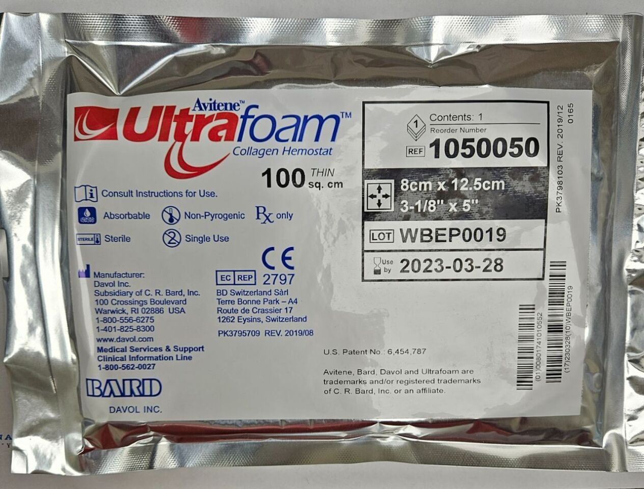 New BARD 1050050 Avitene™ Ultrafoam™ Collagen Sponge, 100 sq. cm THIN