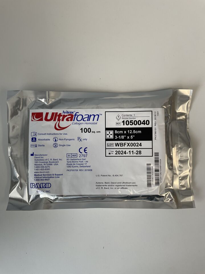 New BARD 1050040 AVITENE ULTRAFOAM COLLAGEN HEMOSTAT, 100CM SQ, 8CM X