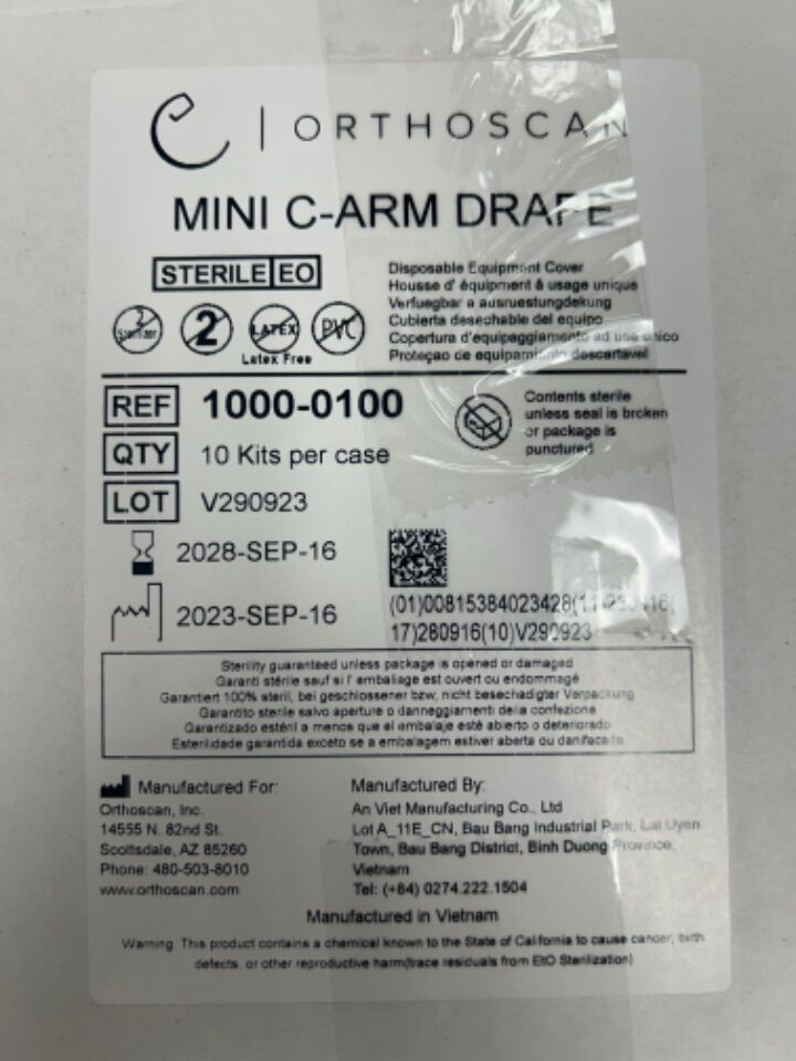 New ORTHOSCAN 1000-0100 Mini C-Arm Drape, Box of 10 Kits Disposables ...