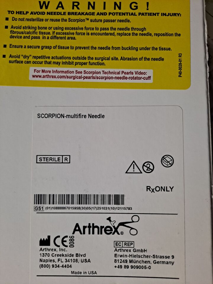 New ARTHREX AR-13995N SCORPION MULTIFIRE NEEDLE Disposables - General ...